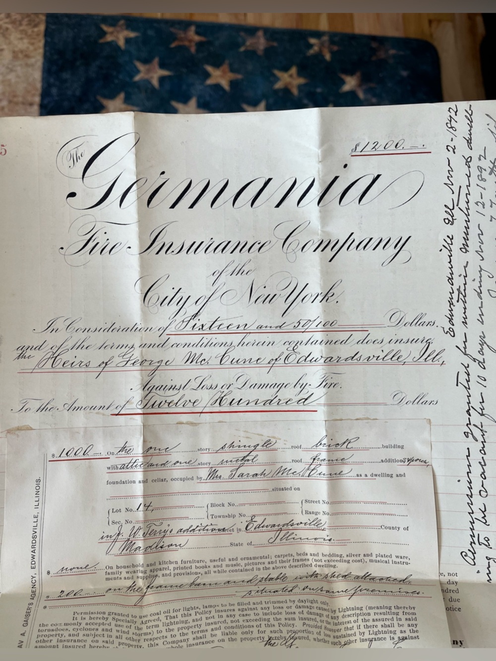 Original 1892 Germania Fire Insurance Policy - Picture 7 of 16